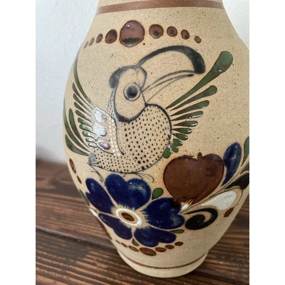 Mexican Tonala Pottery Bird Toucan Floral Vase, 11”